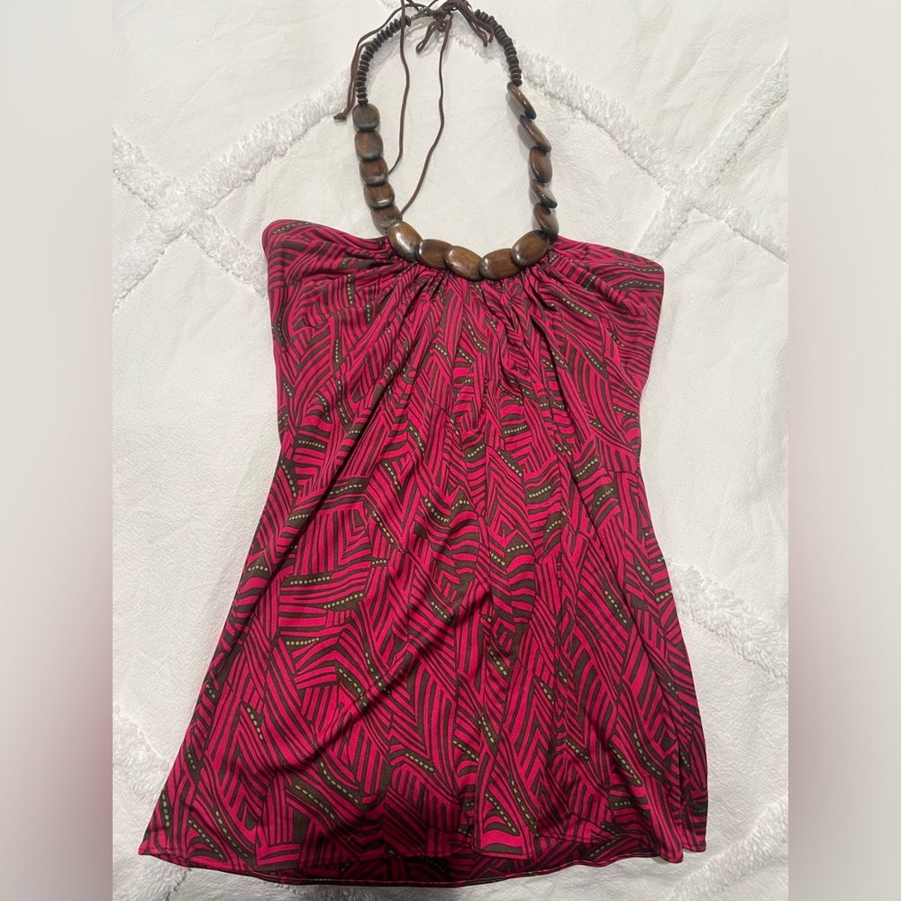 Hot pink halter with wood necklace
